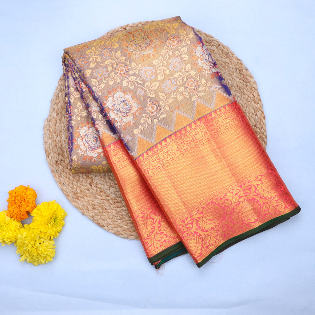Purple Tissue Kanjivaram Silk Saree With Floral Pattern - Singhania's