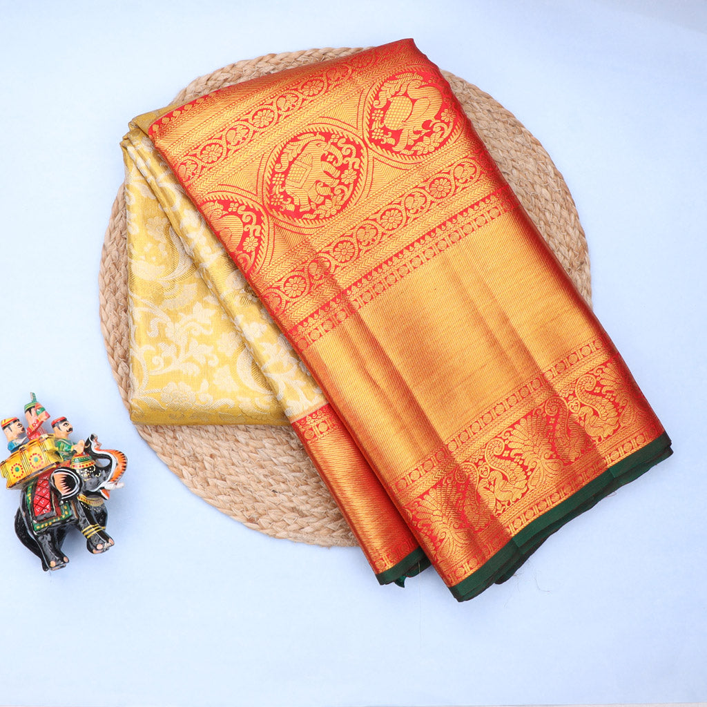 Gold Tissue Kanjivaram Silk Saree With Floral Pattern - Singhania's