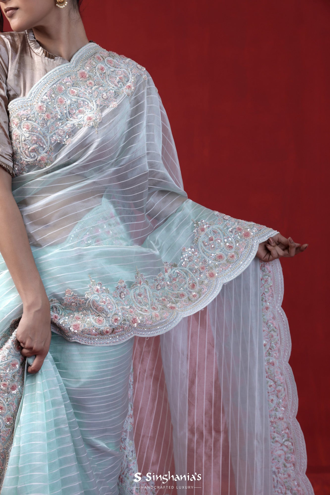 Pastel Columbia Blue Organza Designer Saree With Hand Embroidery