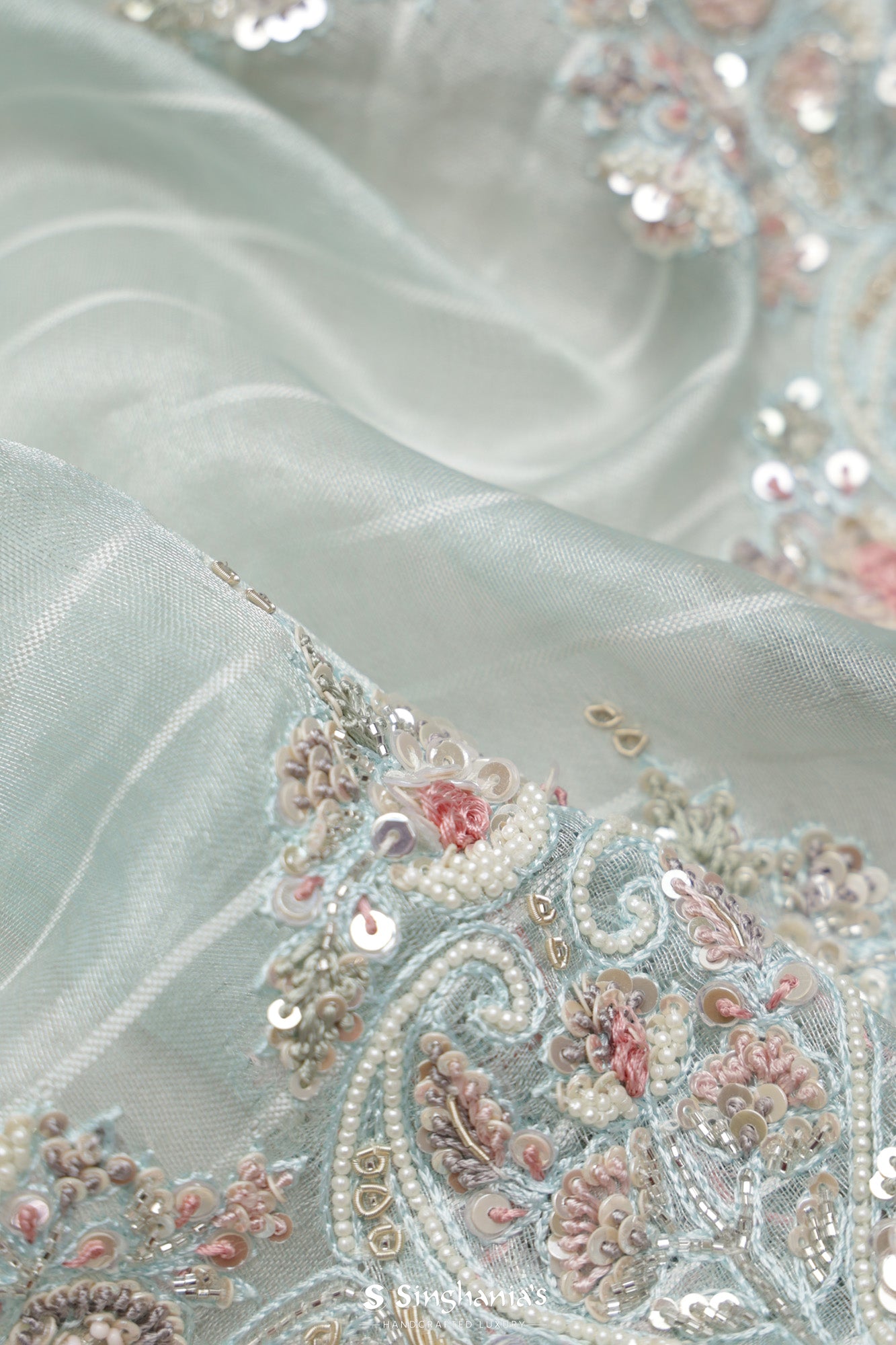 Pastel Columbia Blue Organza Designer Saree With Hand Embroidery