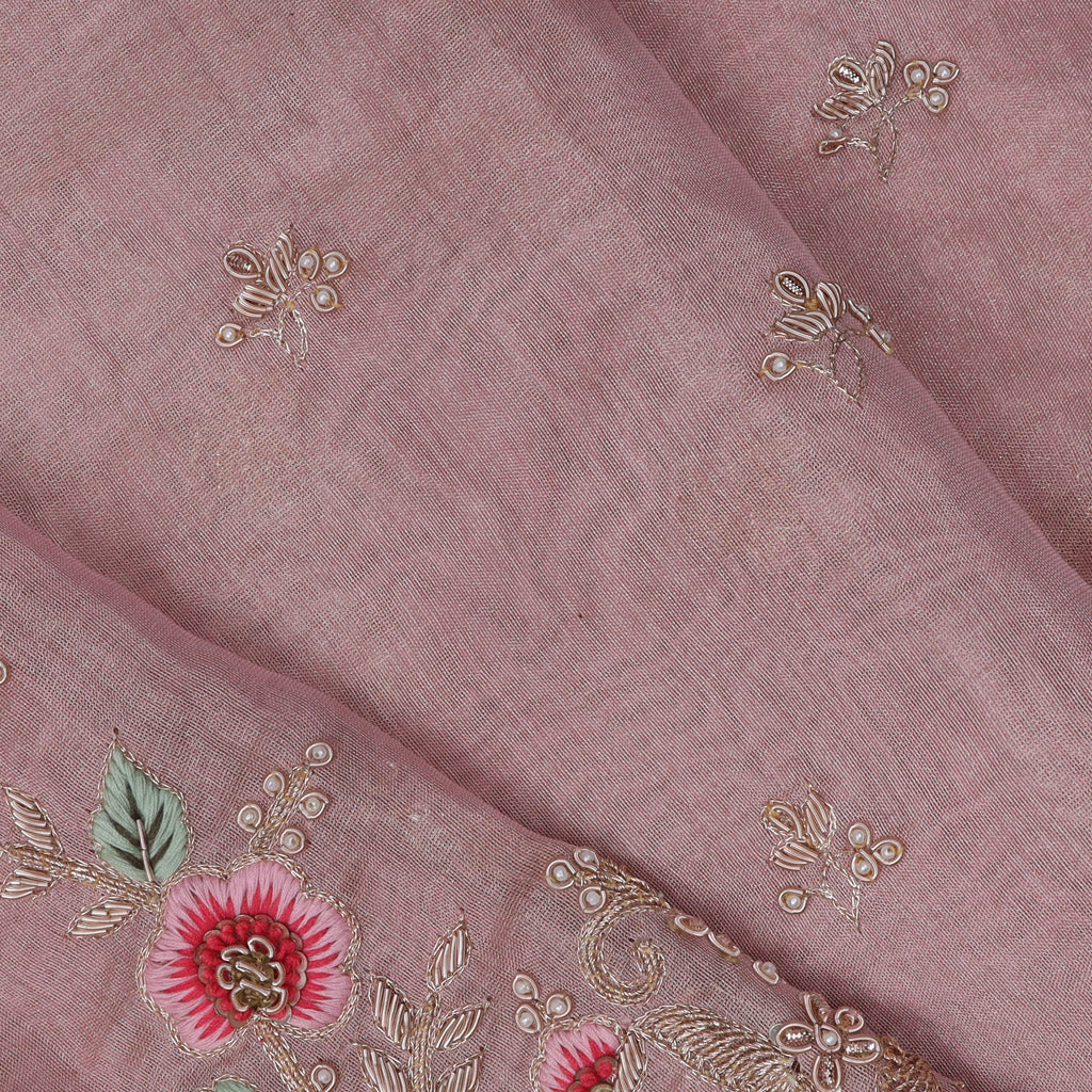 Earthy Pink Tissue Saree With Floral Embroidery - Singhania's