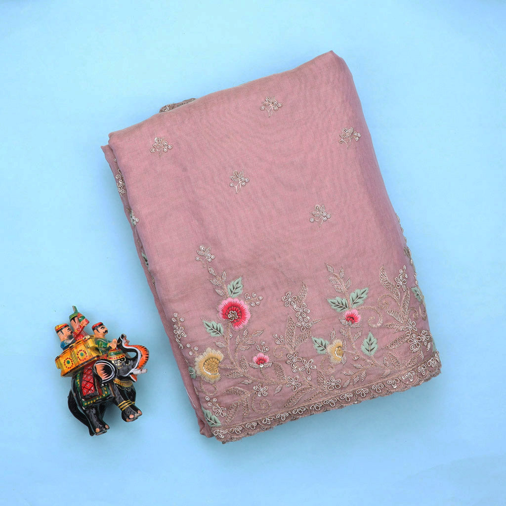 Earthy Pink Tissue Saree With Floral Embroidery - Singhania's