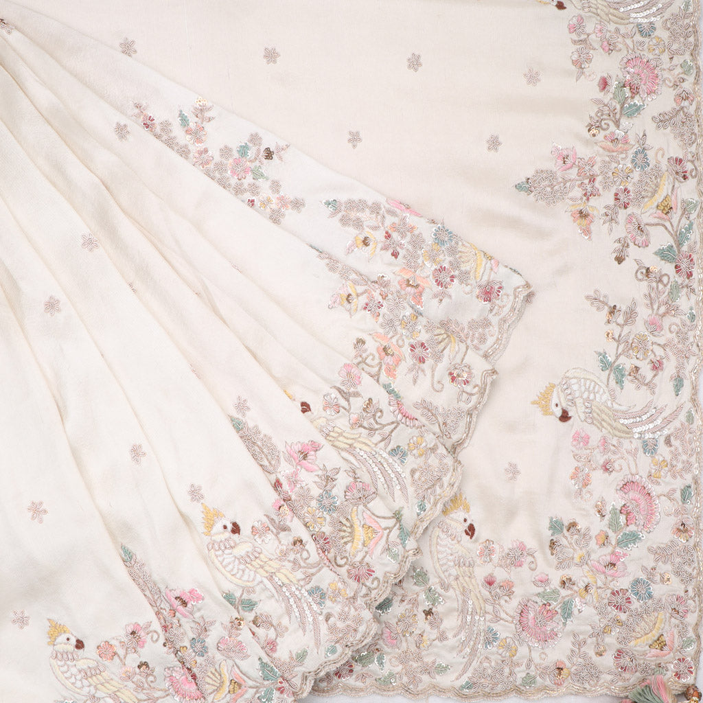 Pearl White Silk Saree With Floral Embroidery - Singhania's