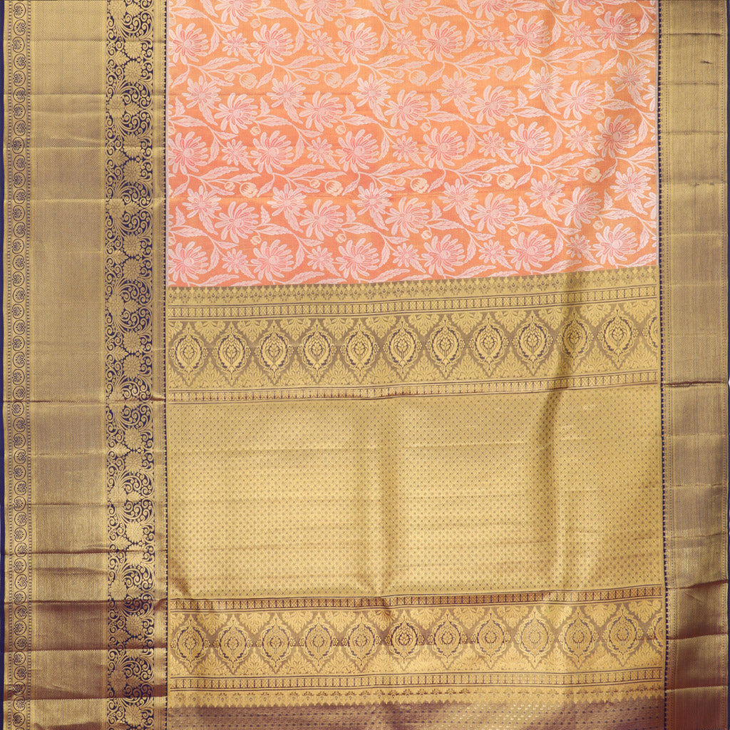 Fire Orange Tissue Kanjivaram Silk Saree With Floral Pattern - Singhania's