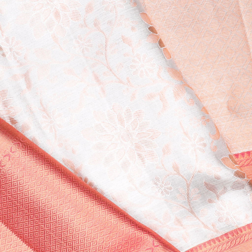 Pearl White Tissue Kanjivaram Silk Saree With Floral Pattern - Singhania's