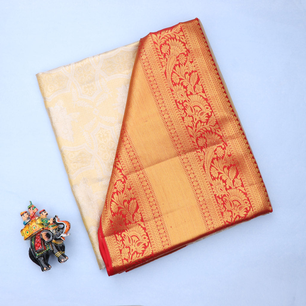 Pearl White Tissue Kanjivaram Silk Saree With Floral Pattern - Singhania's