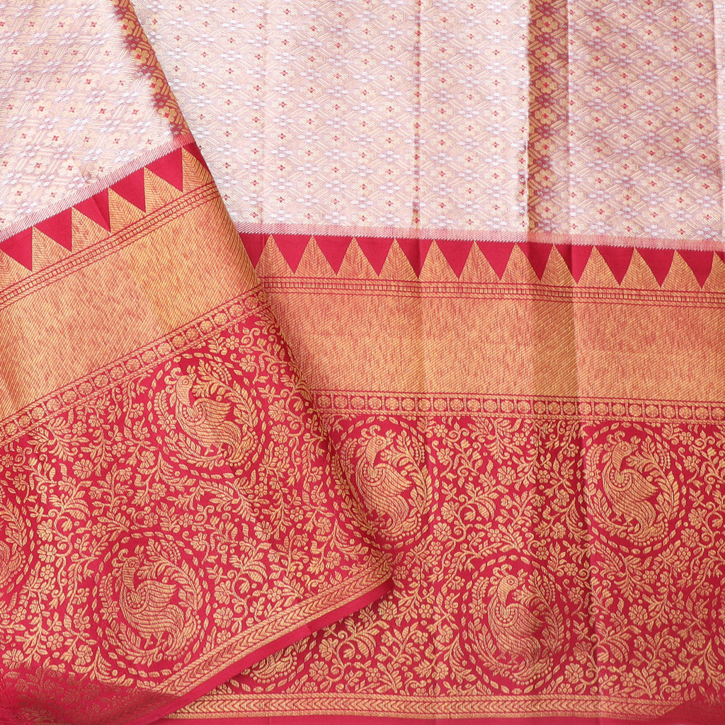 Pale Orange Tissue Kanjivaram Silk Saree With Striped Floral Pattern - Singhania's