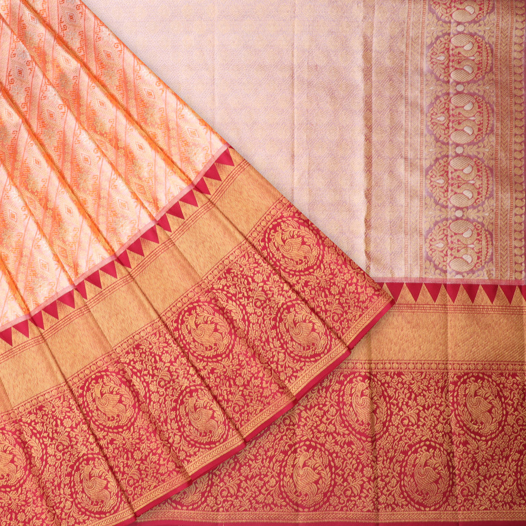 Pale Orange Tissue Kanjivaram Silk Saree With Striped Floral Pattern - Singhania's