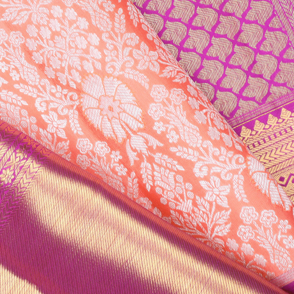 Fire Orange Tissue Kanjivaram Silk Saree With Floral Pattern - Singhania's