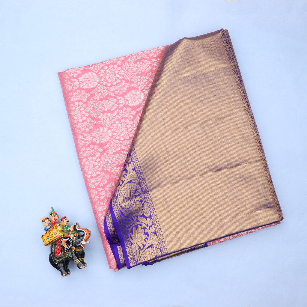 Baby Pink Kanjivaram Silk Saree With Floral Pattern - Singhania's