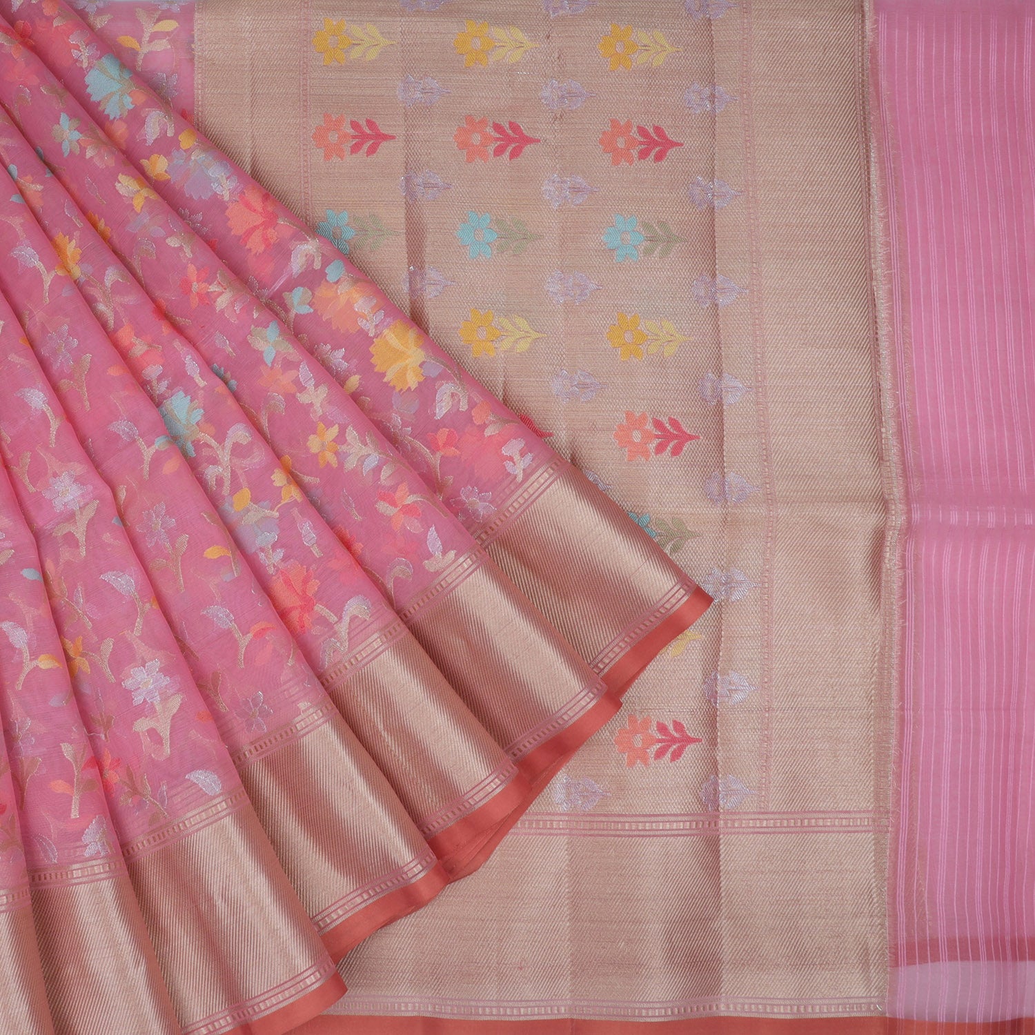 Brink Pink Silk Saree With Floral Pattern - Singhania's