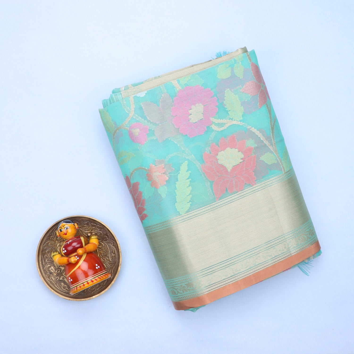 Bright Blue Silk Saree With Floral Pattern - Singhania's