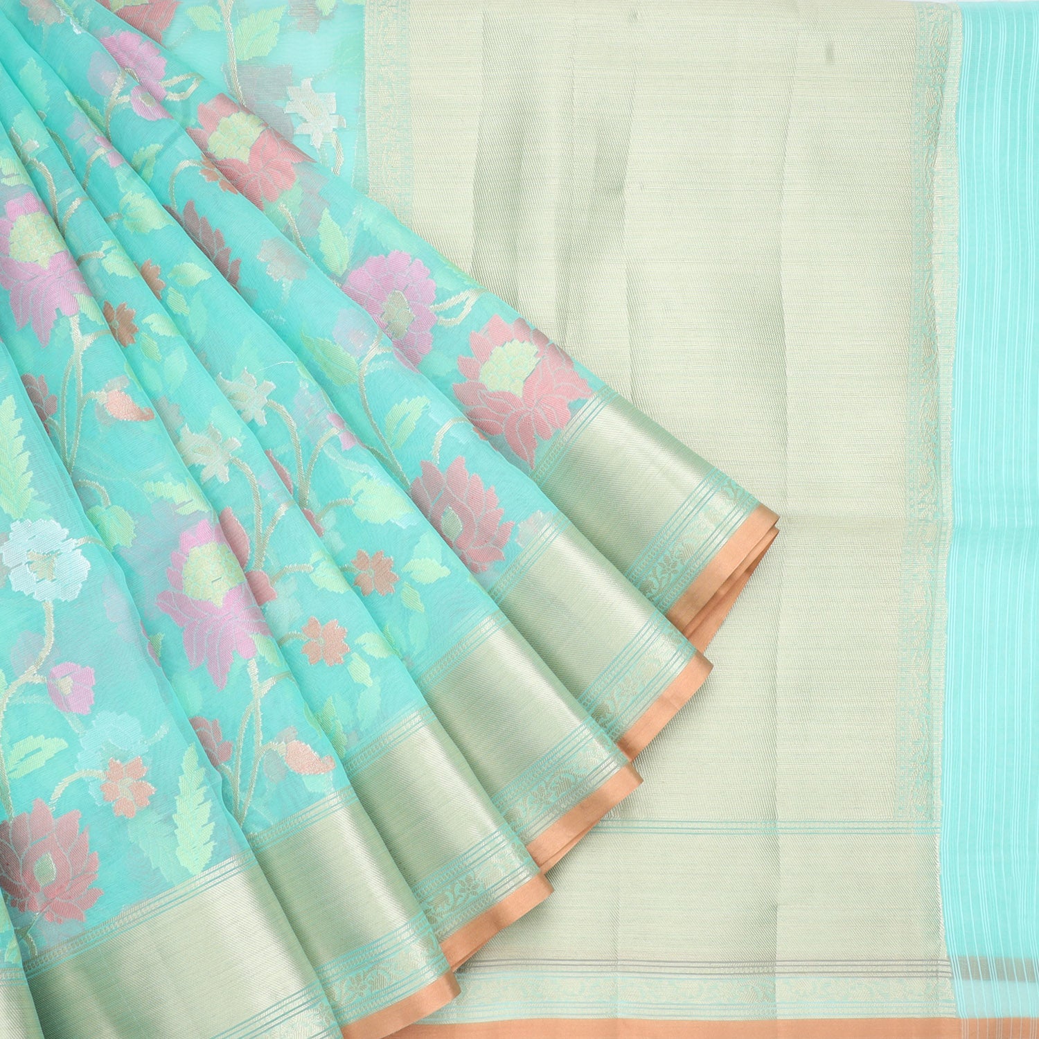 Bright Blue Silk Saree With Floral Pattern - Singhania's