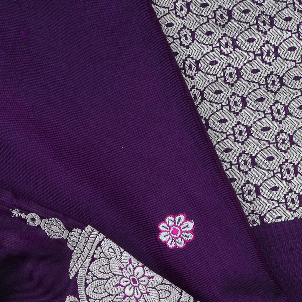 Dark Violet Banarasi Silk Handloom Saree With Floral Motif Pattern
