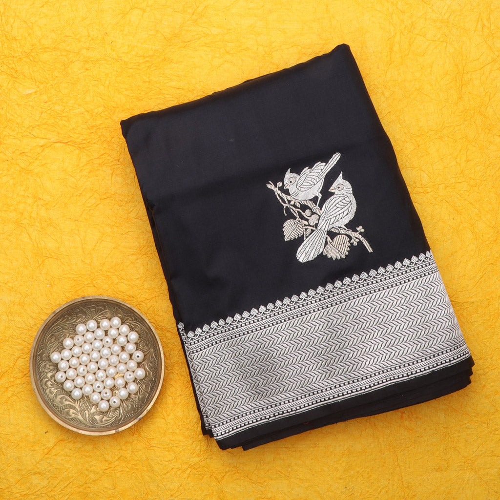 Black Banarasi Silk Handloom Saree With Bird Motifs