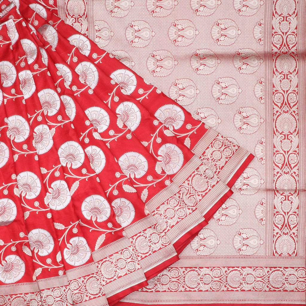 Cherry Red Banarasi Silk Handloom Saree With Floral Motif Pattern - Singhania's