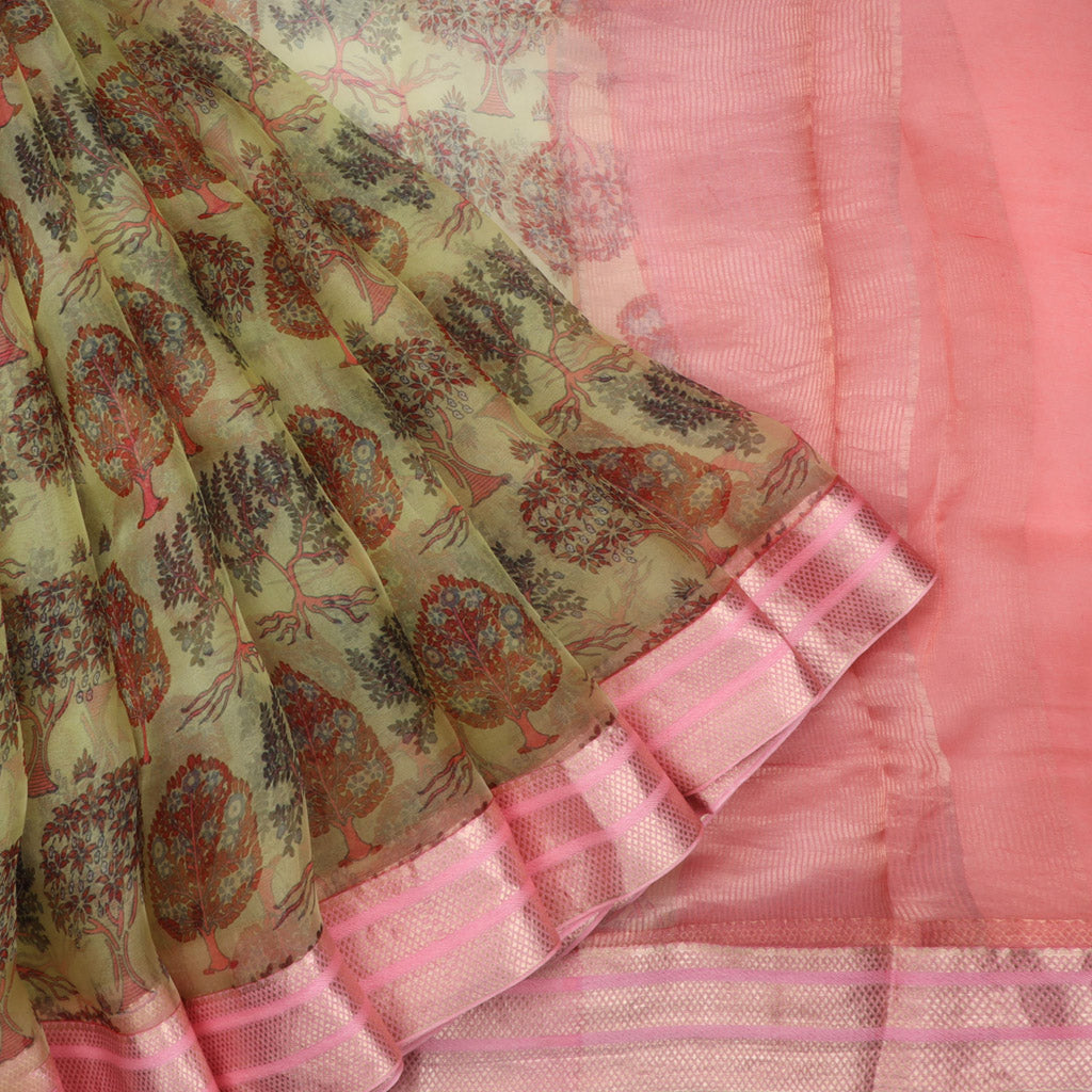 Pale Yellow Organza Saree With Floral Motifs
