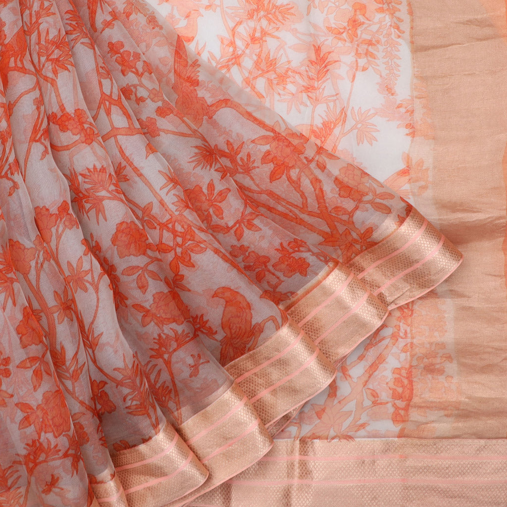 Light Peach Organza Saree With Floral Pattern