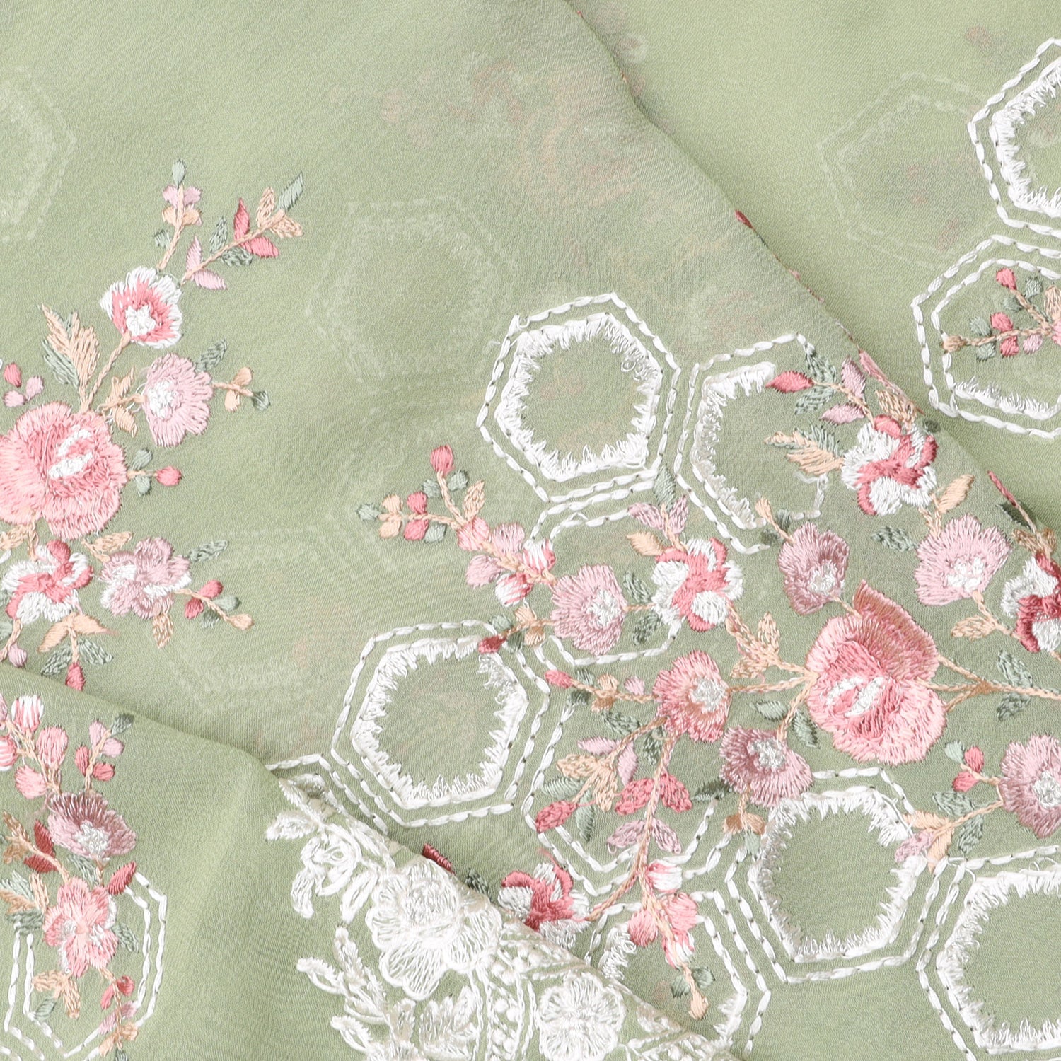 Mint Green Georgette Saree With Floral Embroidery Pattern - Singhania's