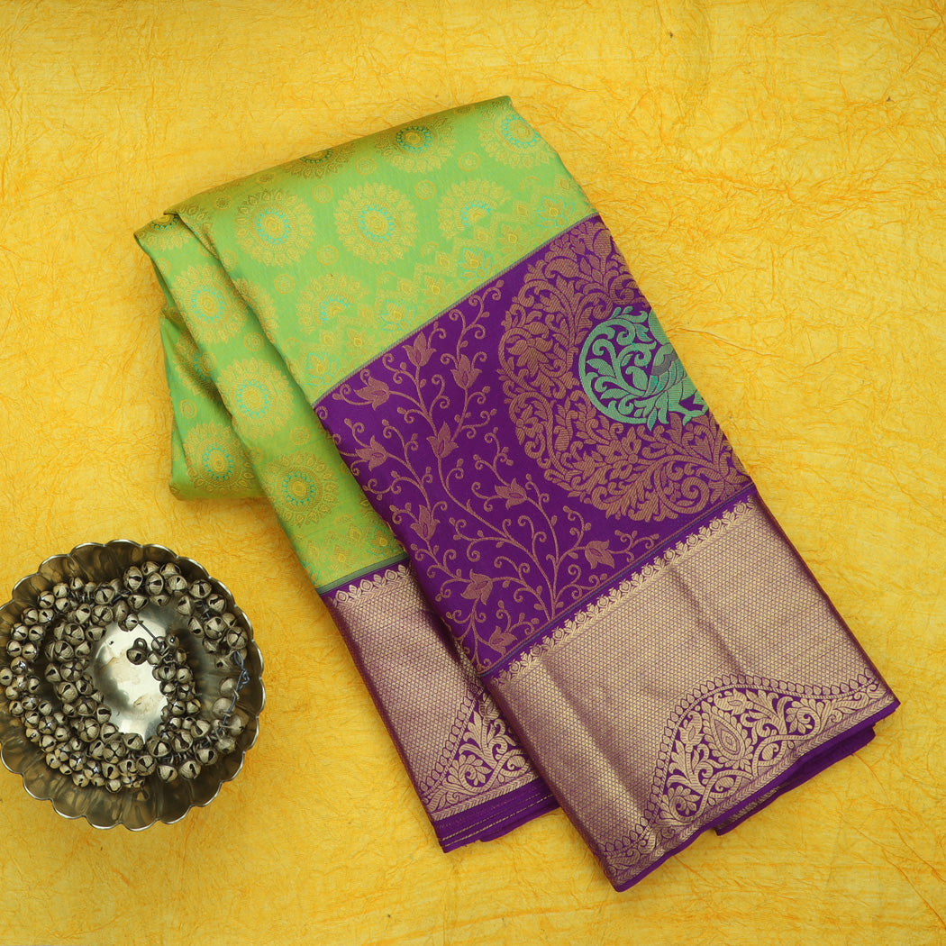 Pear Green Kanjivaram Silk Saree With Bhoochakra Motifs
