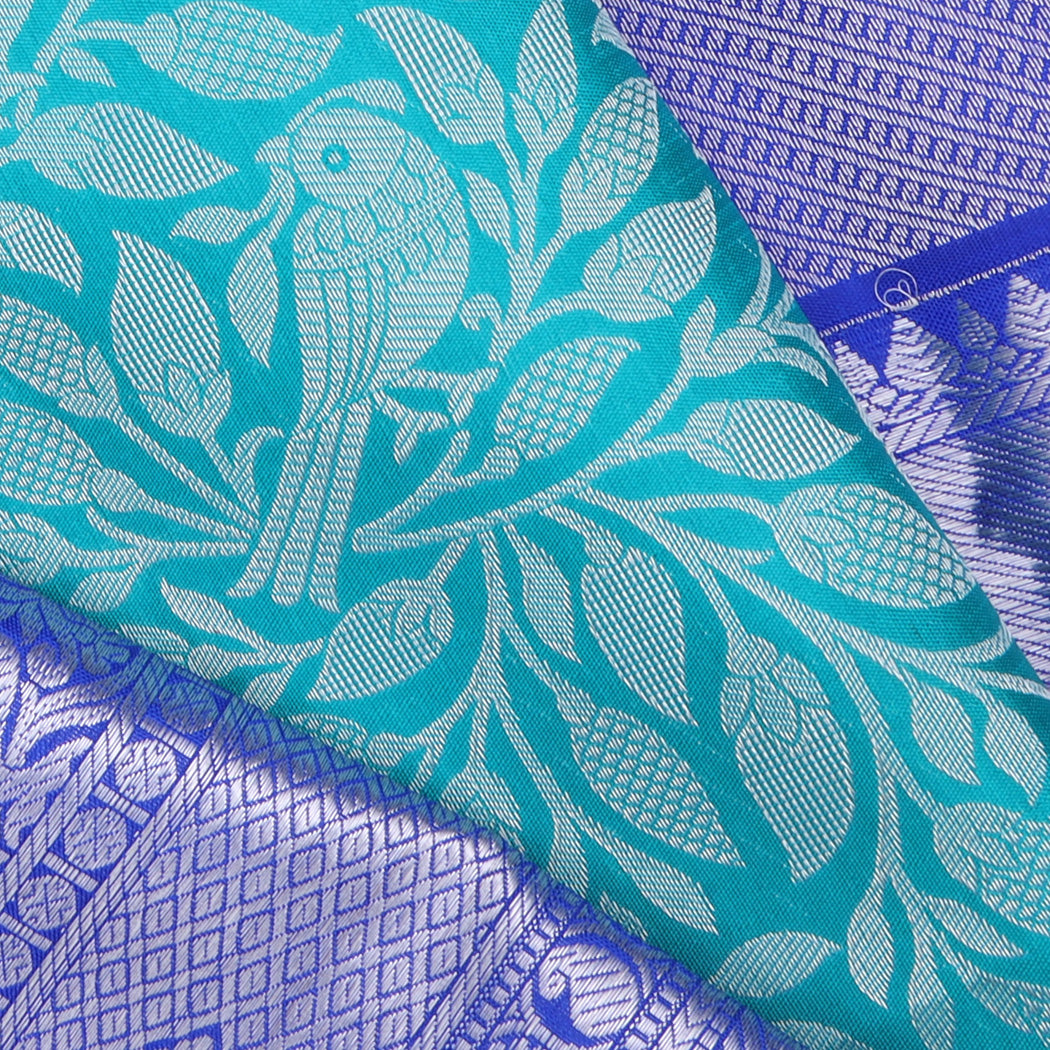 Cerulean Blue Kanjivaram Silk Saree With Floral And Bird Motifs