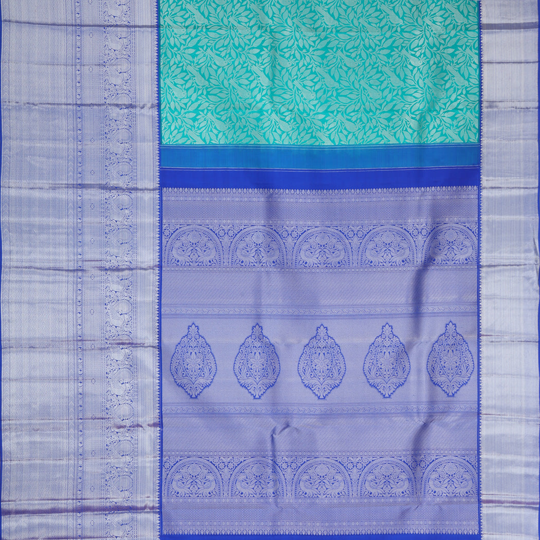 Cerulean Blue Kanjivaram Silk Saree With Floral And Bird Motifs