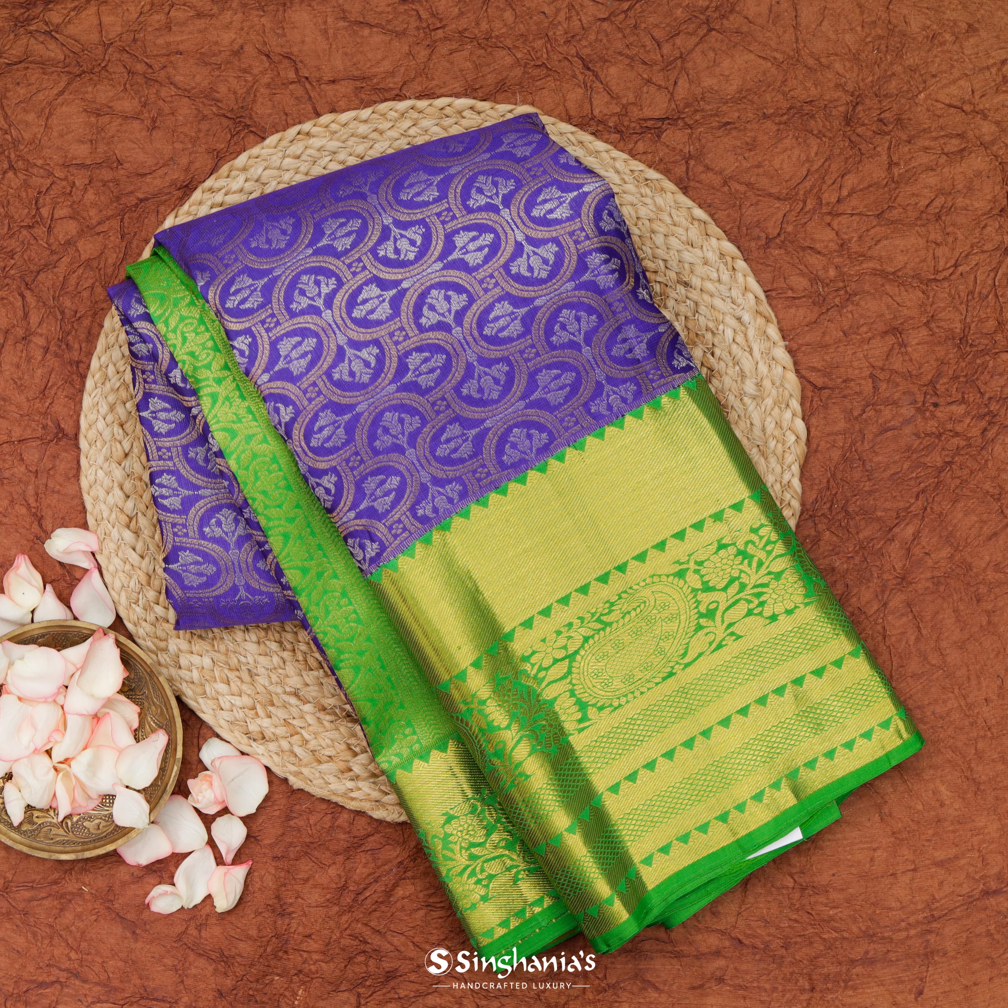 Dark Indigo Purple Silk Kanjivaram Saree With Floral Motifs