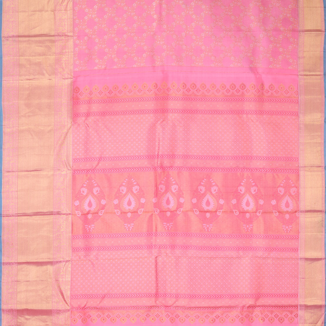 French Pink Kanjivaram Silk Saree With Jaal Pattern