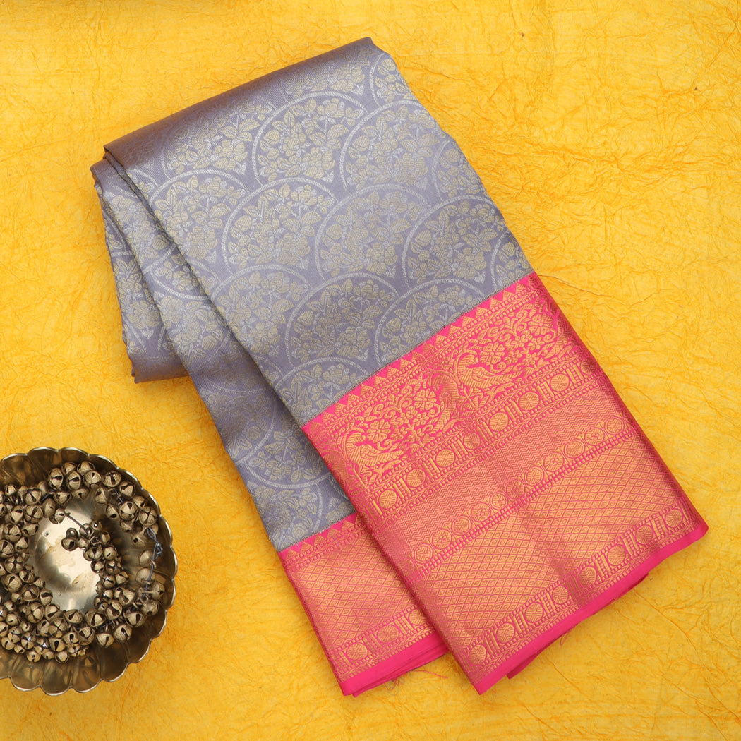 Stone Blue Kanjivaram Silk Saree With Floral Pattern