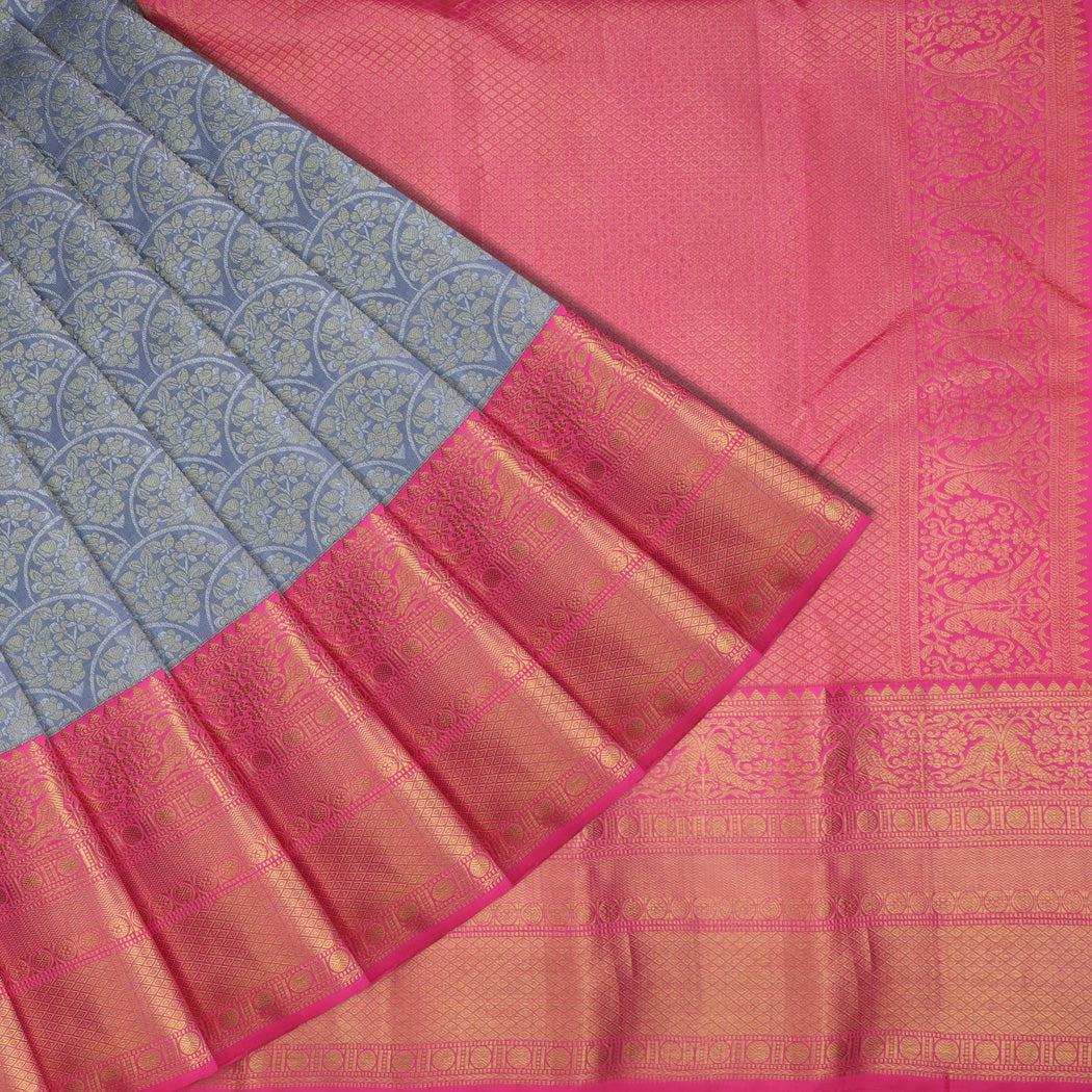 Stone Blue Kanjivaram Silk Saree With Floral Pattern