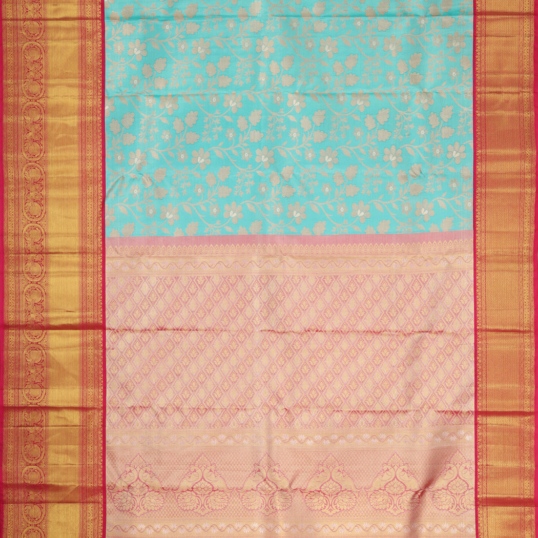 Cerulean Blue Tissue Kanjivaram Silk Saree With Floral Pattern