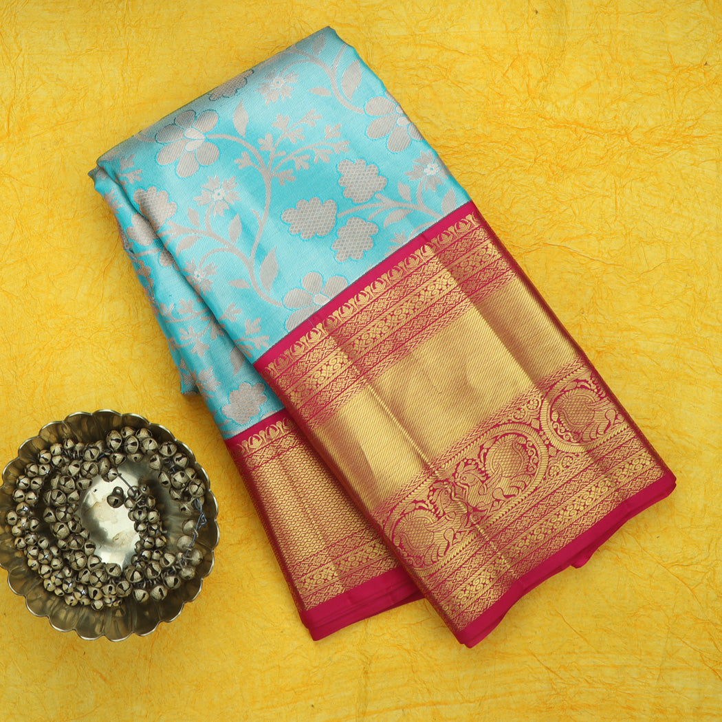 Cerulean Blue Tissue Kanjivaram Silk Saree With Floral Pattern