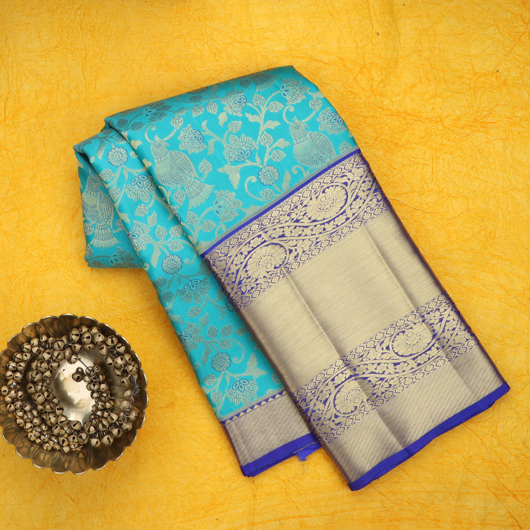 Cerulean Blue Kanjivaram Silk Saree With Bird And Floral Motif