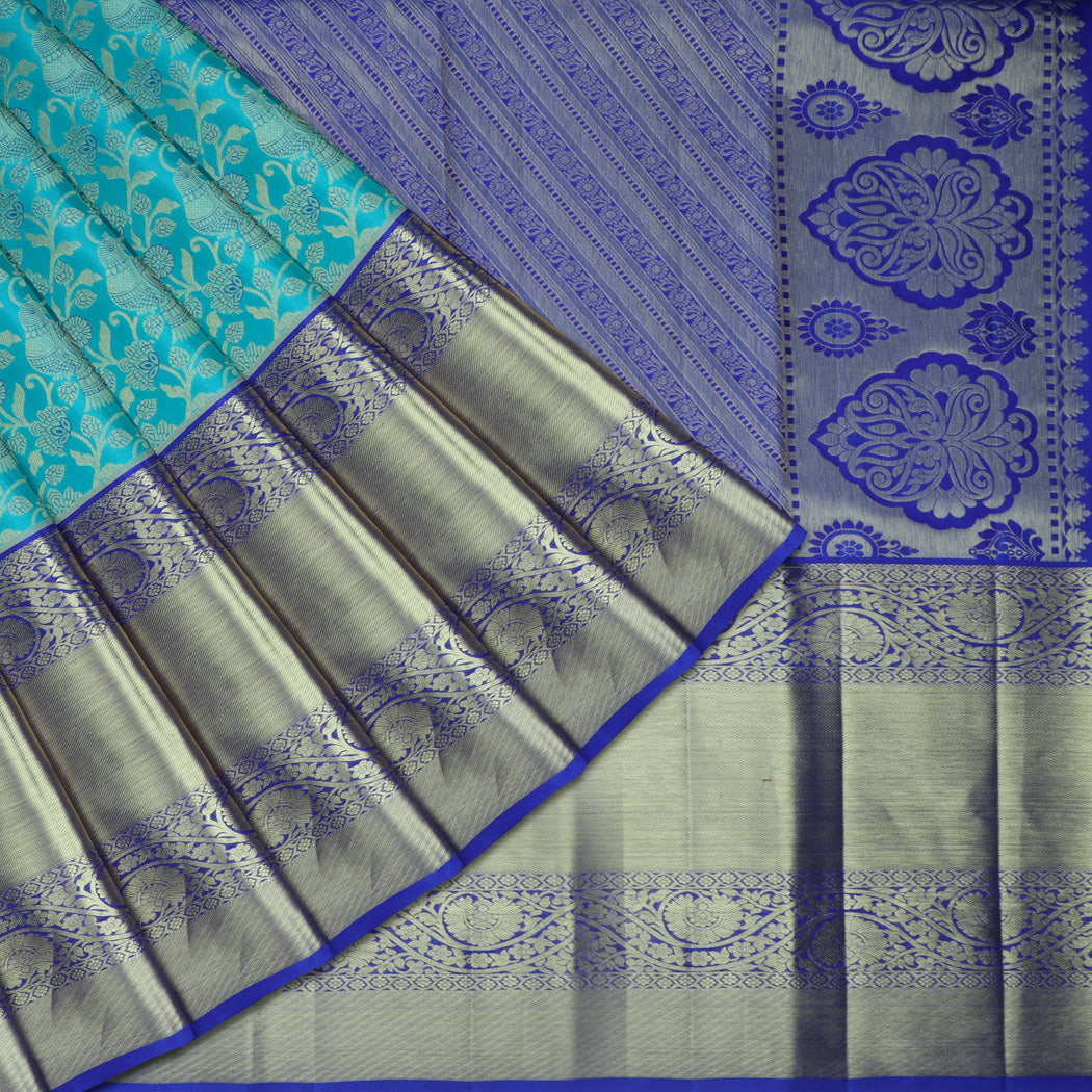 Cerulean Blue Kanjivaram Silk Saree With Bird And Floral Motif