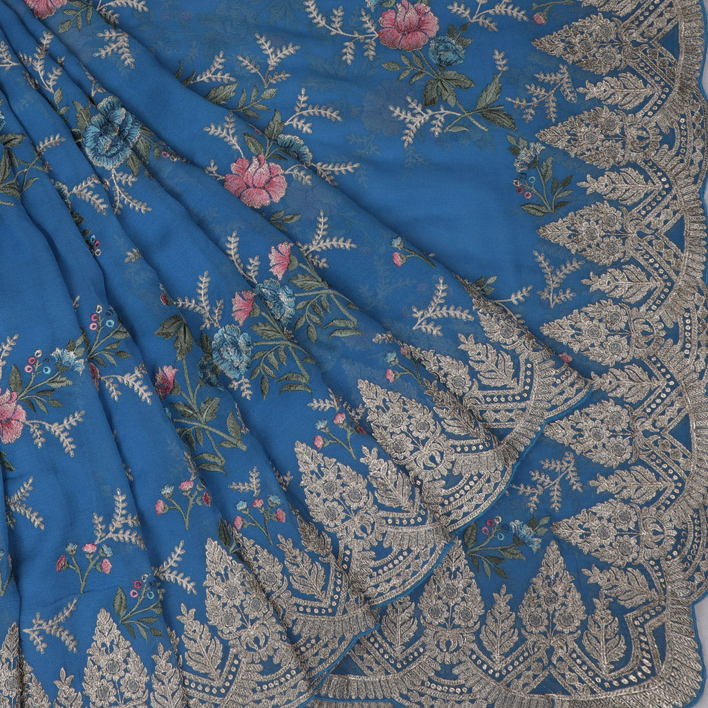 Blue Georgette Saree With Floral Embroidery - Singhania's