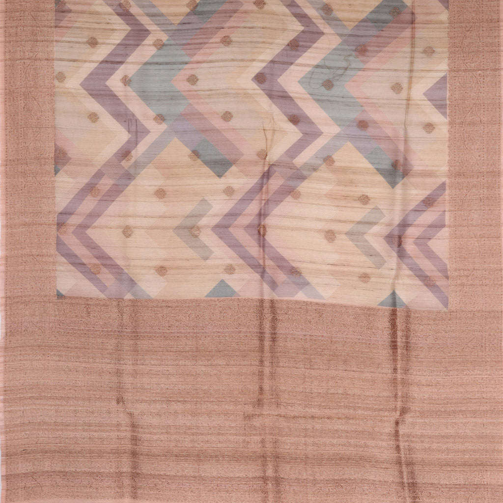 Pastel Brown Tussar Saree With Printed Zig-Zag Pattern