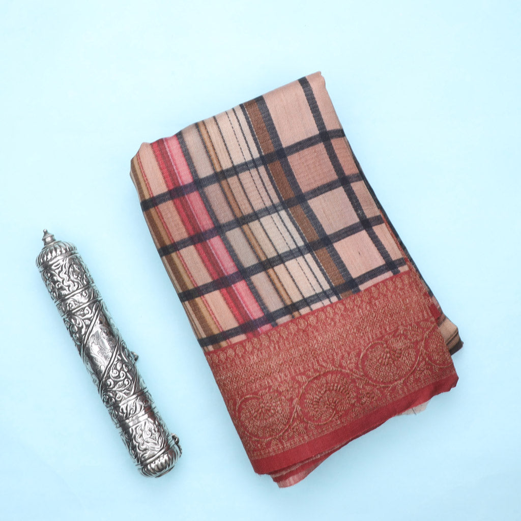 Earthy Brown Tussar Saree With Printed Checks Pattern