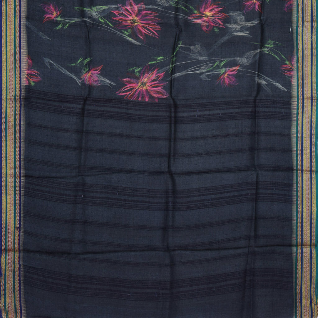 Charcoal Black Tussar Saree With Floral Printed Design - Singhania's