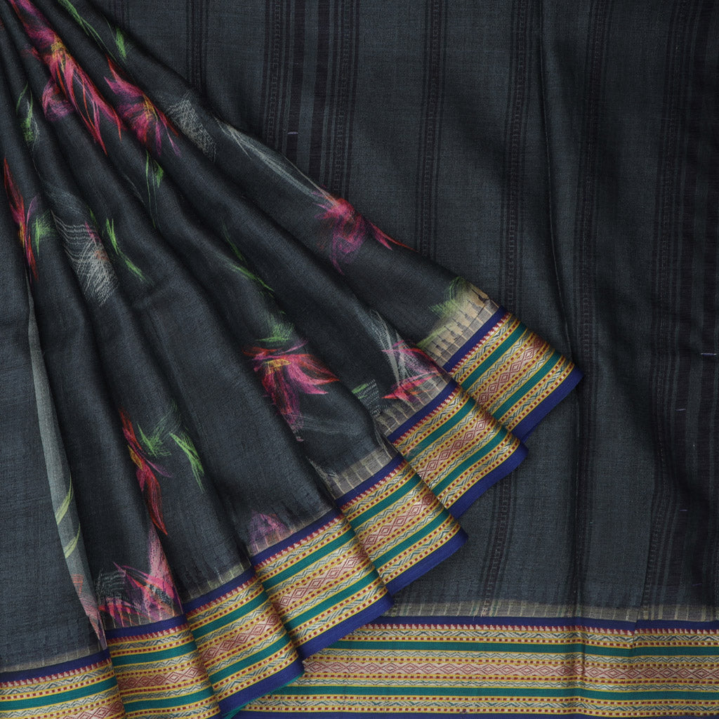 Charcoal Black Tussar Saree With Floral Printed Design - Singhania's