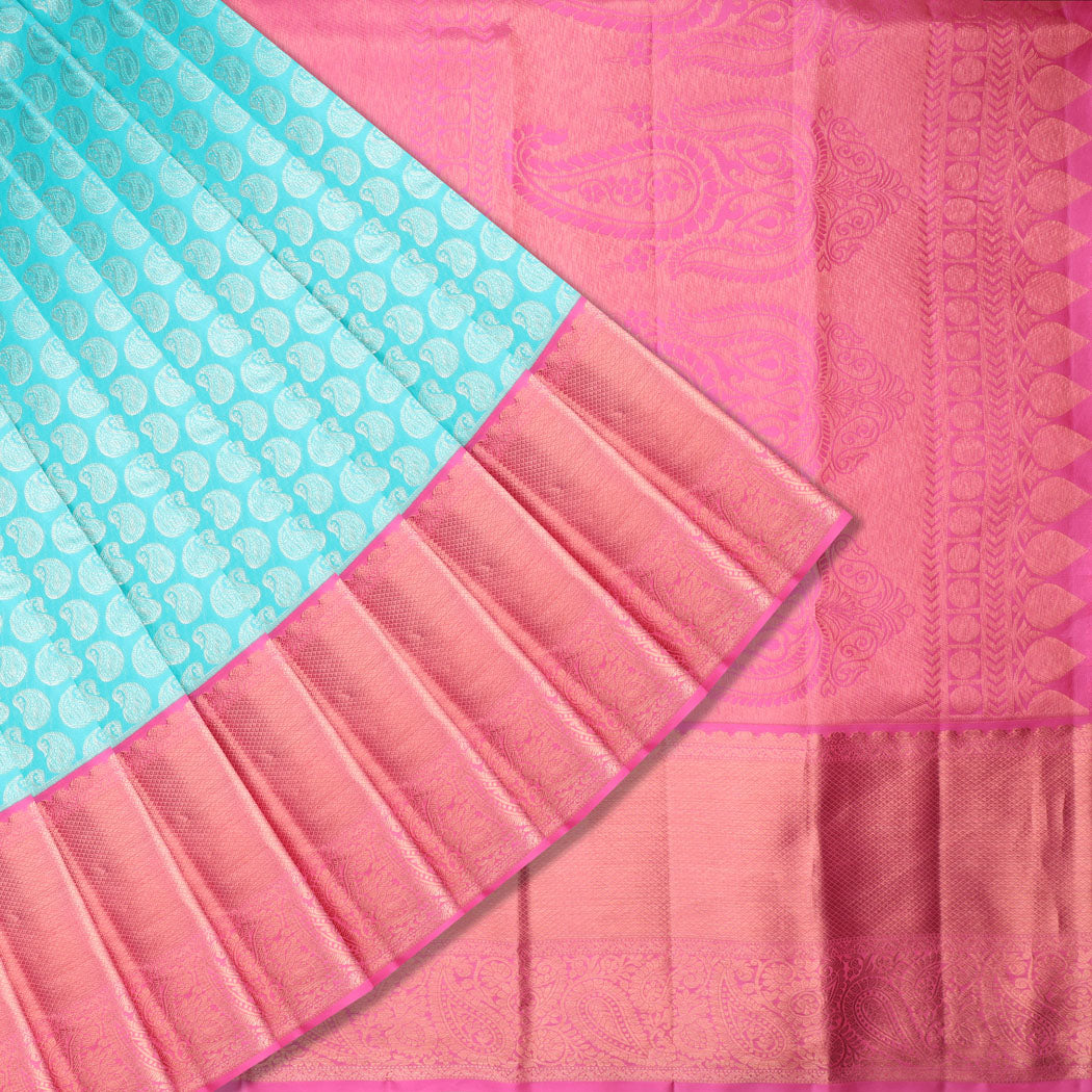 Bright Blue Kanjivaram Silk Saree With Mangai Buttis