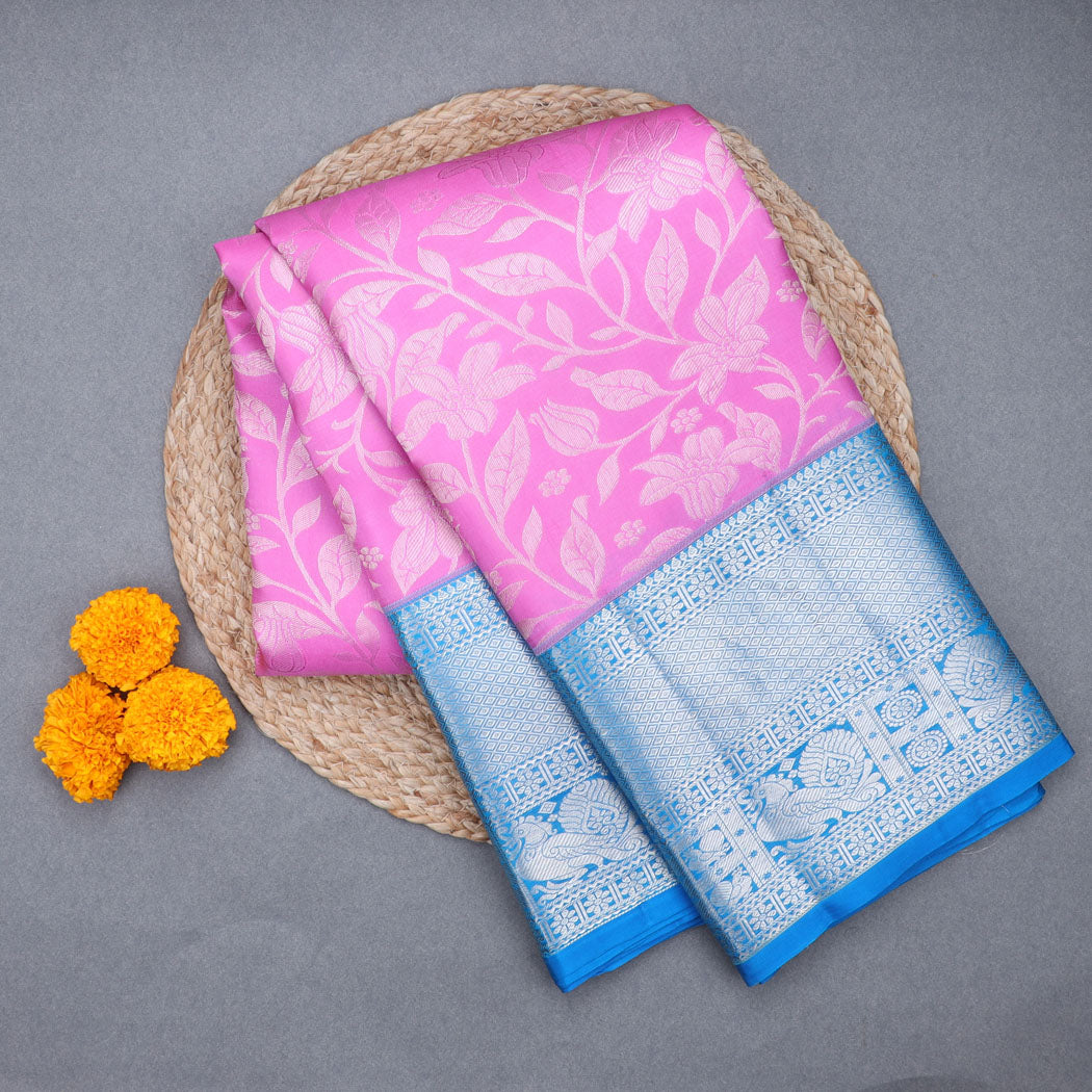 Flamingo Pink Kanjivaram Silk Saree With Floral Pattern