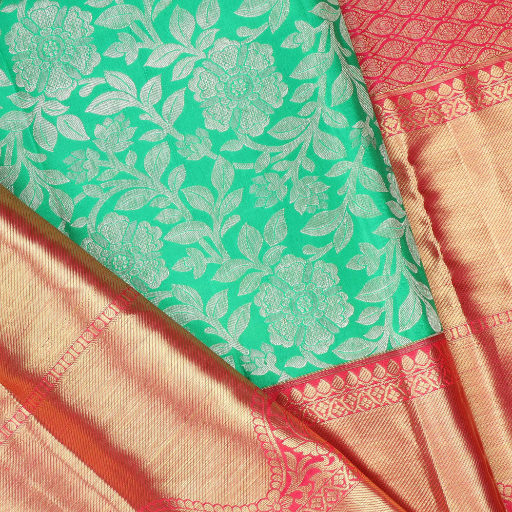 Spring Green Kanjivaram Silk Saree With Floral Motif Pattern