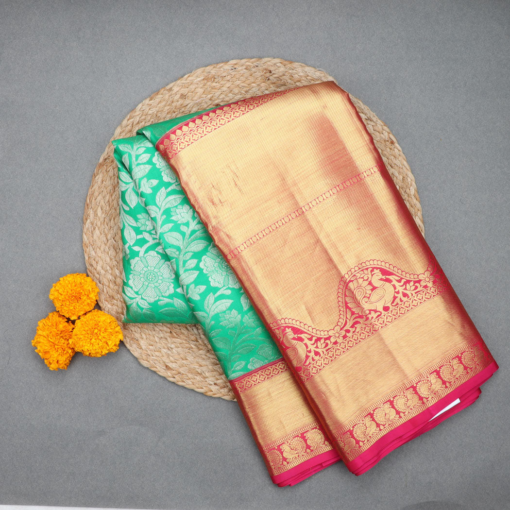Spring Green Kanjivaram Silk Saree With Floral Motif Pattern