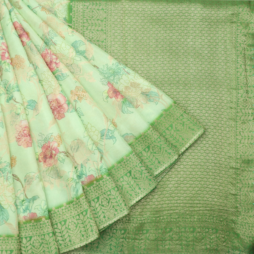 Pastel Green Kanjivaram Silk Saree With Floral Printed Motifs