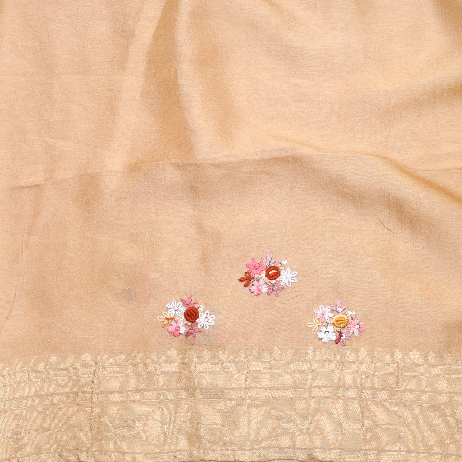 Cream Beige Silk Saree With Floral Embroidery - Singhania's