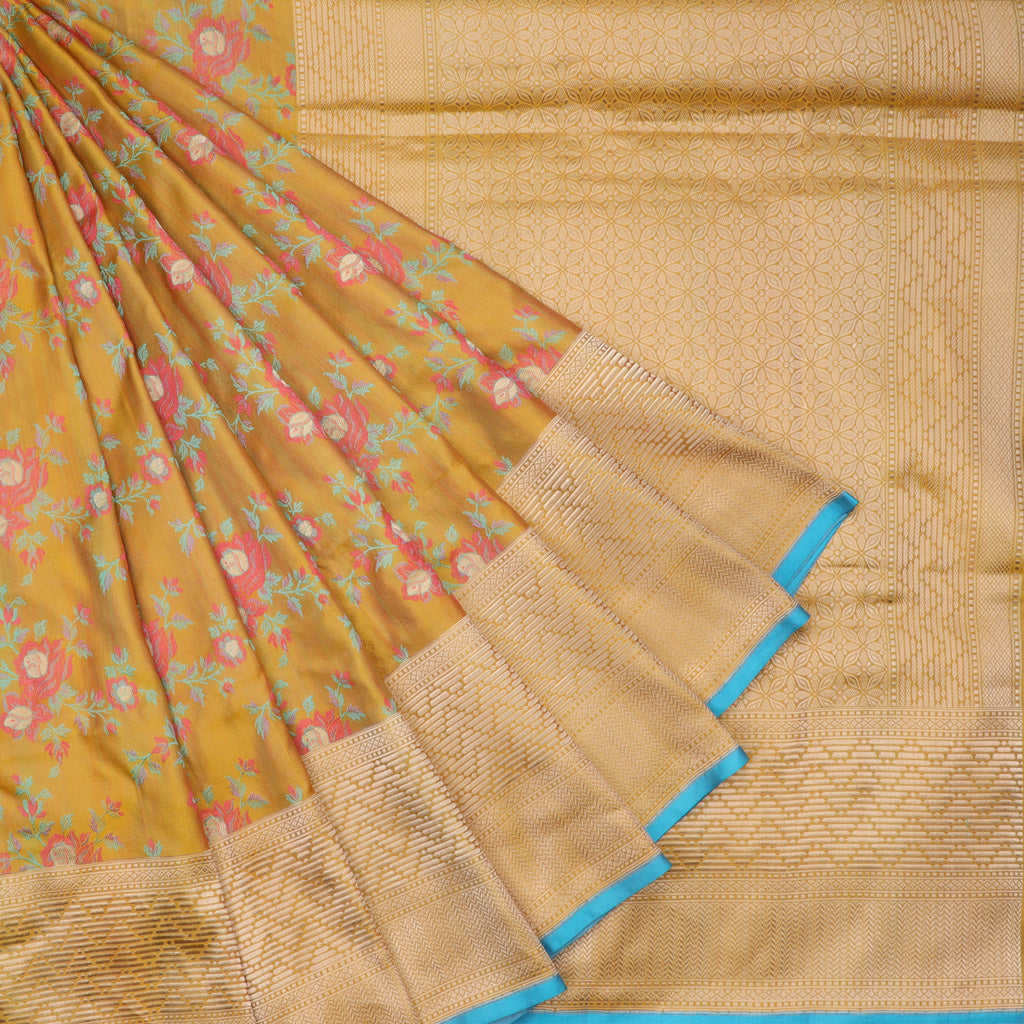 Mustard Yellow Banarasi Silk Handloom Saree With Floral Motif Pattern - Singhania's