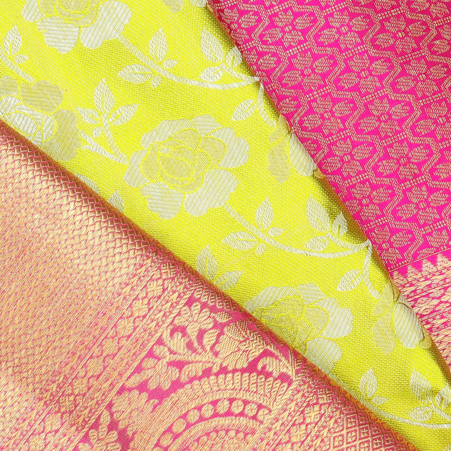 Lemon Yellow Kanjivaram Silk Saree With Floral Jaal Design