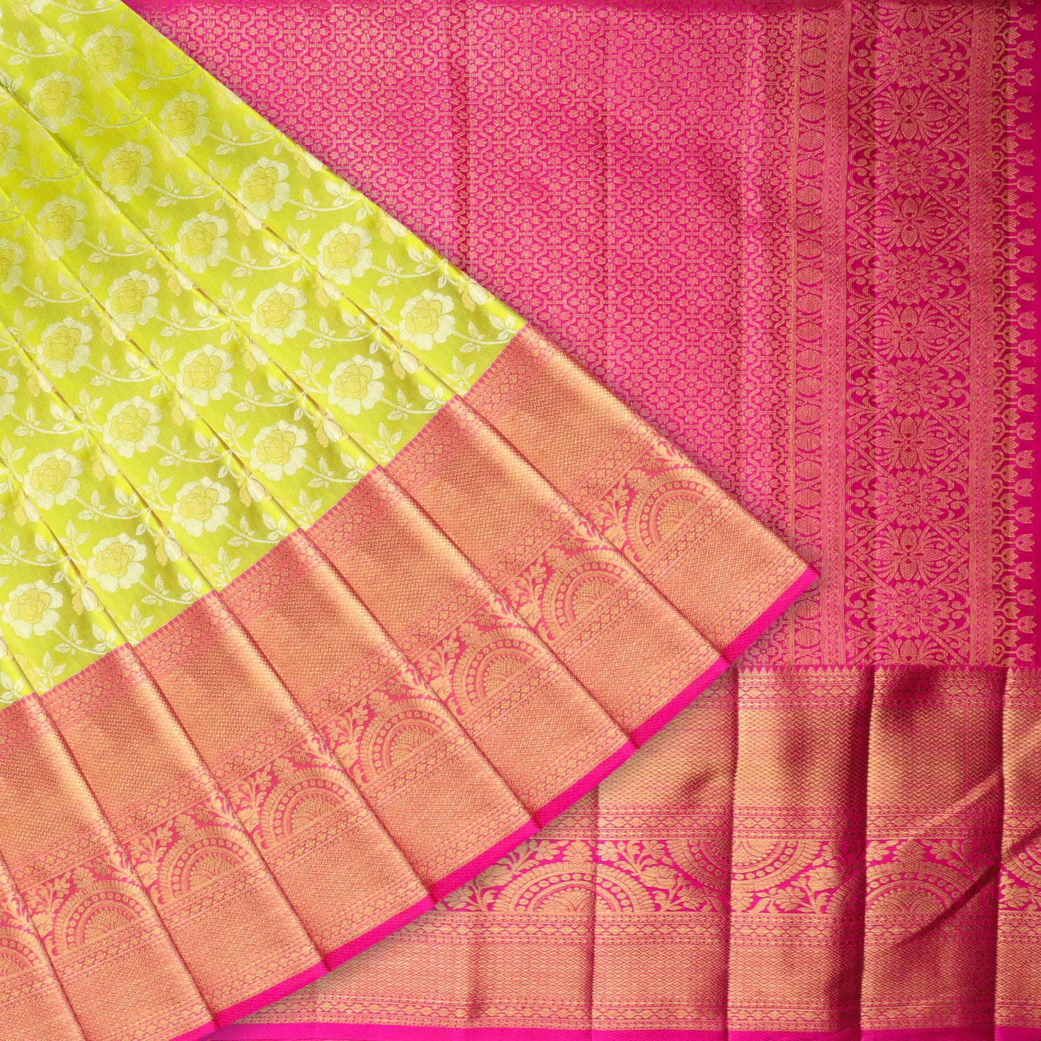 Lemon Yellow Kanjivaram Silk Saree With Floral Jaal Design