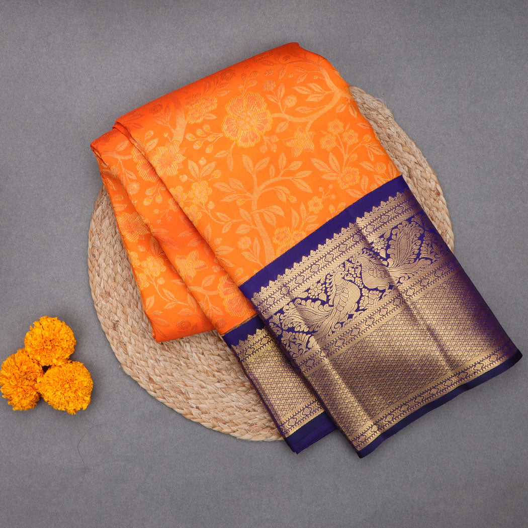 Vibrant Orange Kanjivaram Silk Saree With Floral Jaal Design