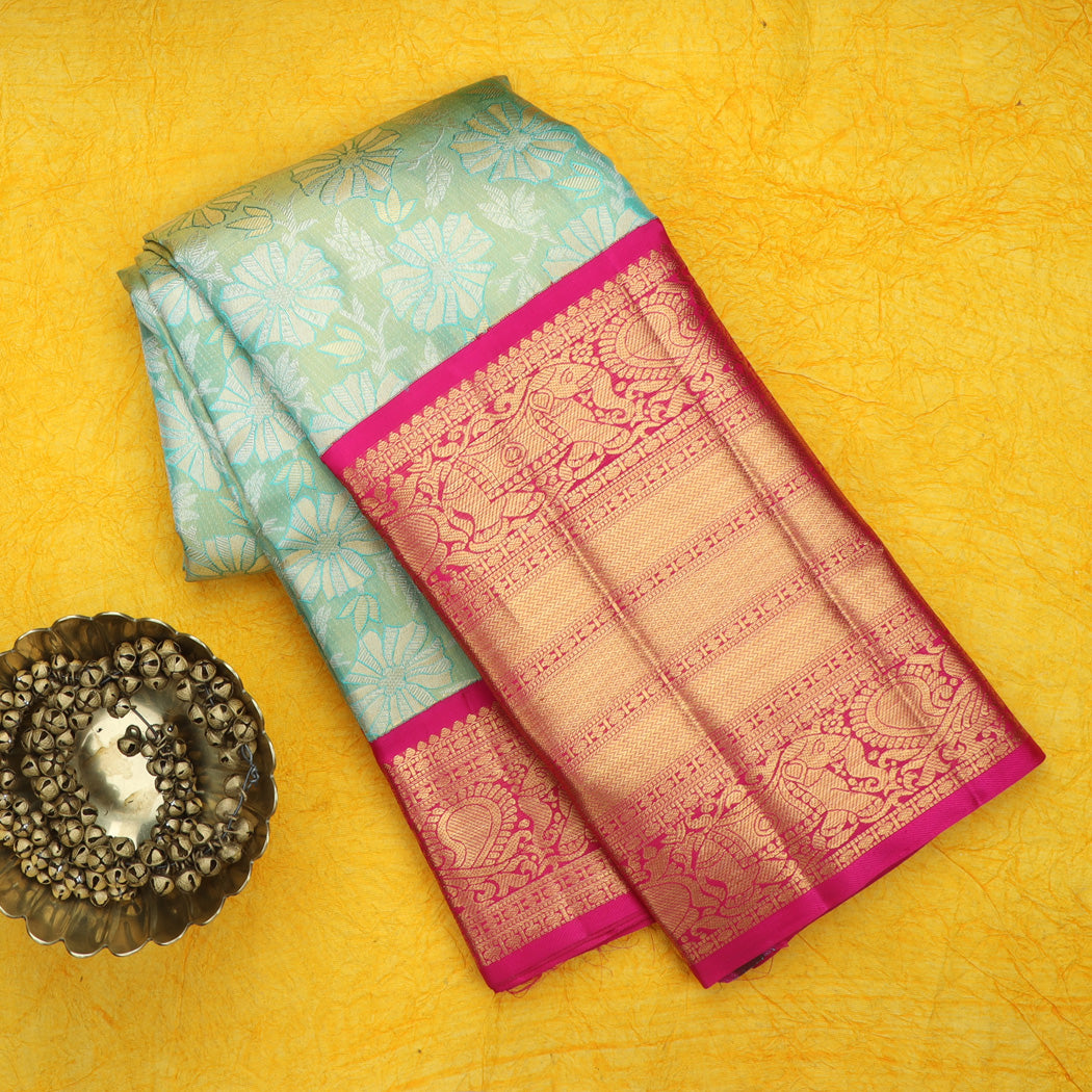 Blue Tissue Kanjivaram Silk Saree With Floral Motif Pattern